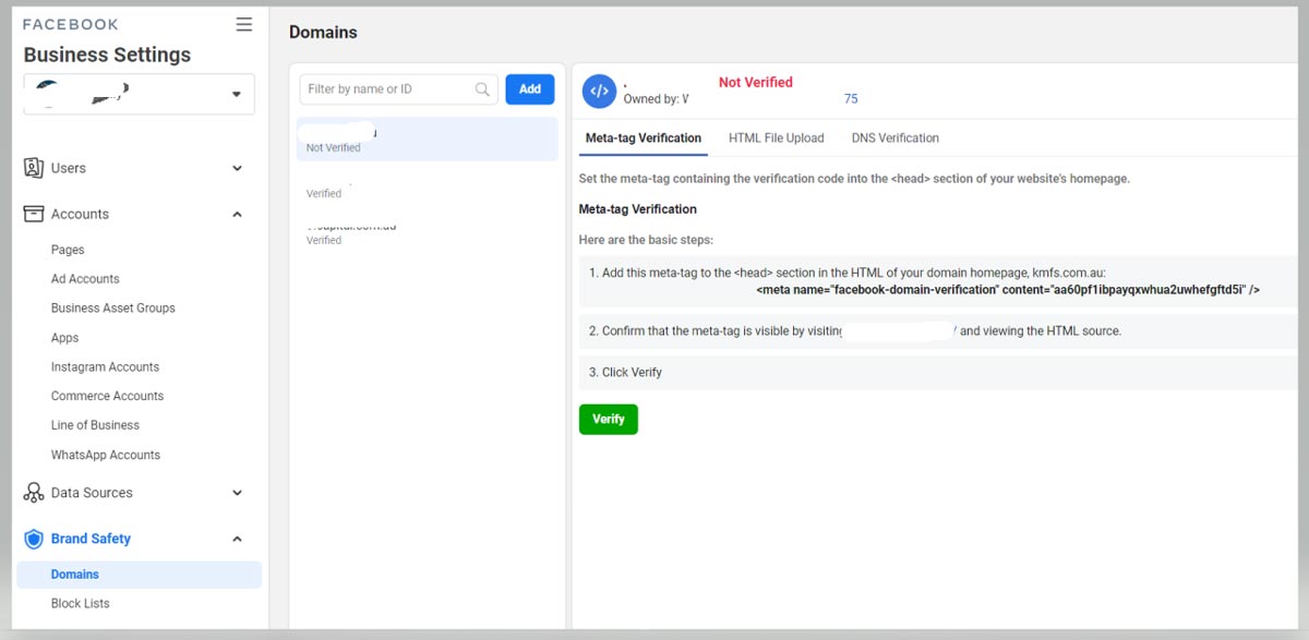 Facebook Business Settings domain verification